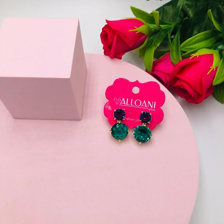 Brinco Duas Zirconia Roxa e Verde