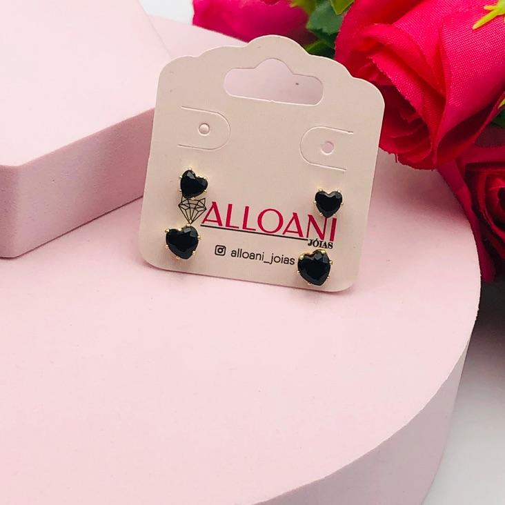 Brinco Duo Coração Zirconia Preta