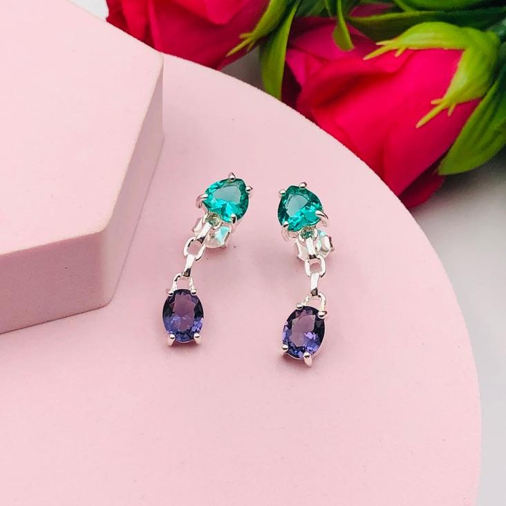 Brinco Ear Cuff com Pedras Verde e Roxa