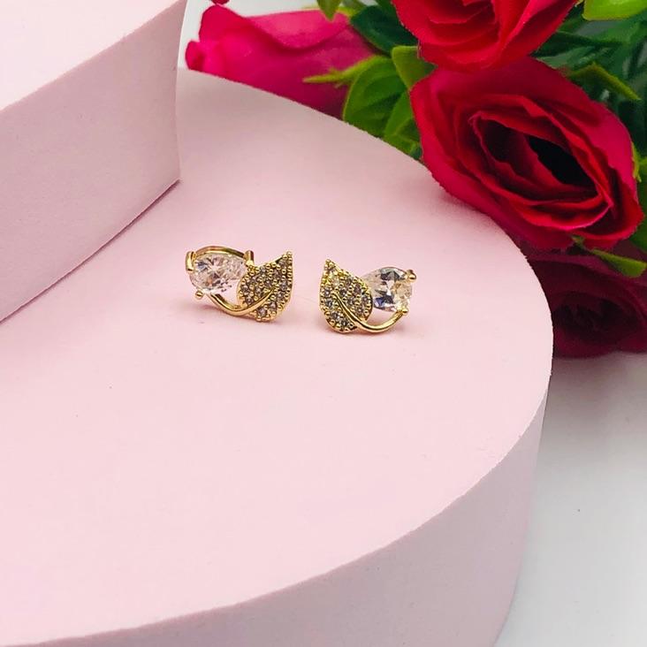 Brinco Folha Cravejado e Gota de Pedra