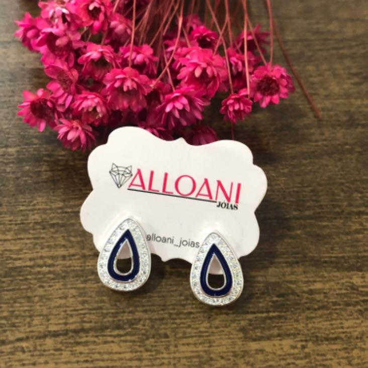 Brinco Gota Cravejada com Resina Azul