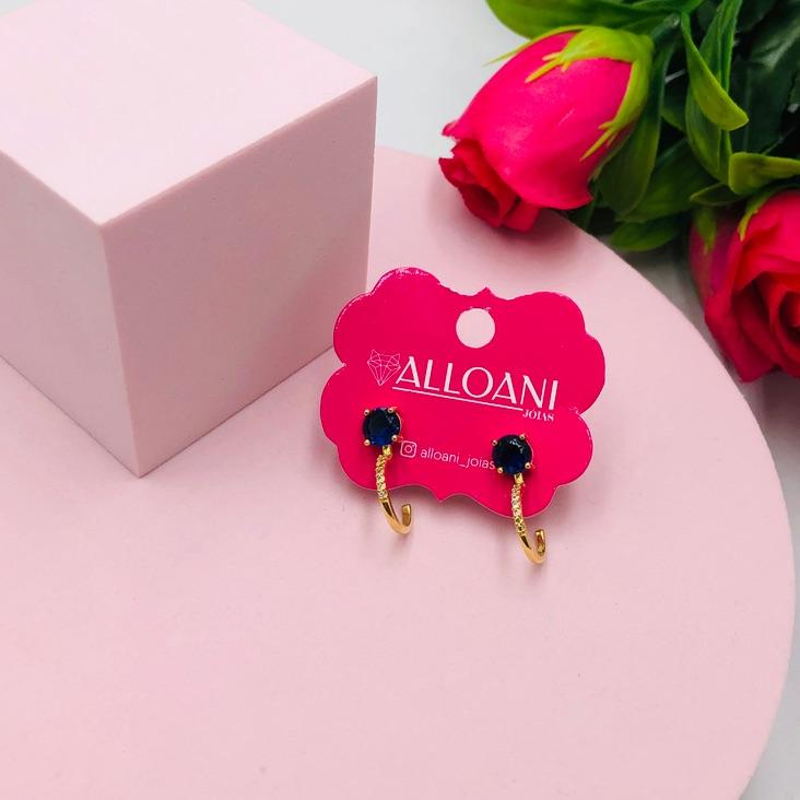 Brinco Meia Argola Com Ponto de Luz Azul