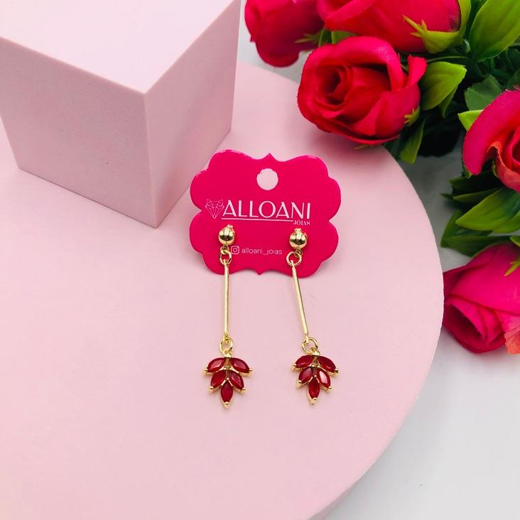 Brinco Pendurado com Folha Pedra Vermelha
