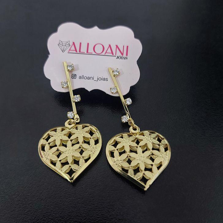 Brinco Pendurado de Zirconia com Coração na Ponta