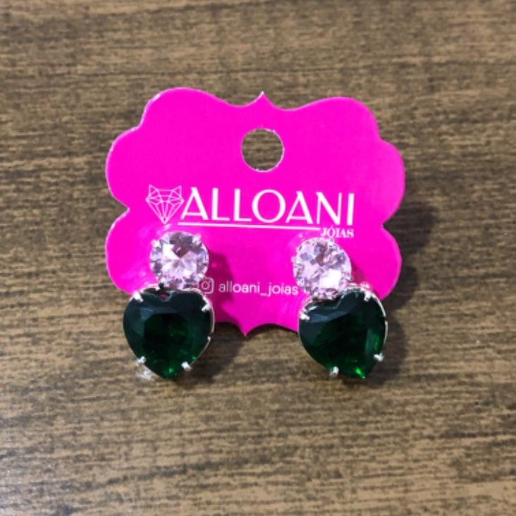 Brinco Ponto de Luz e Coração com Pedra Verde