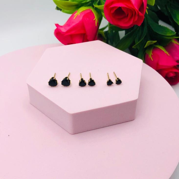 Brinco Trio Coração Zirconia Preta