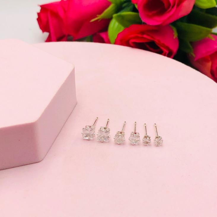 Brinco Trio Quadrado Zirconia Cristal