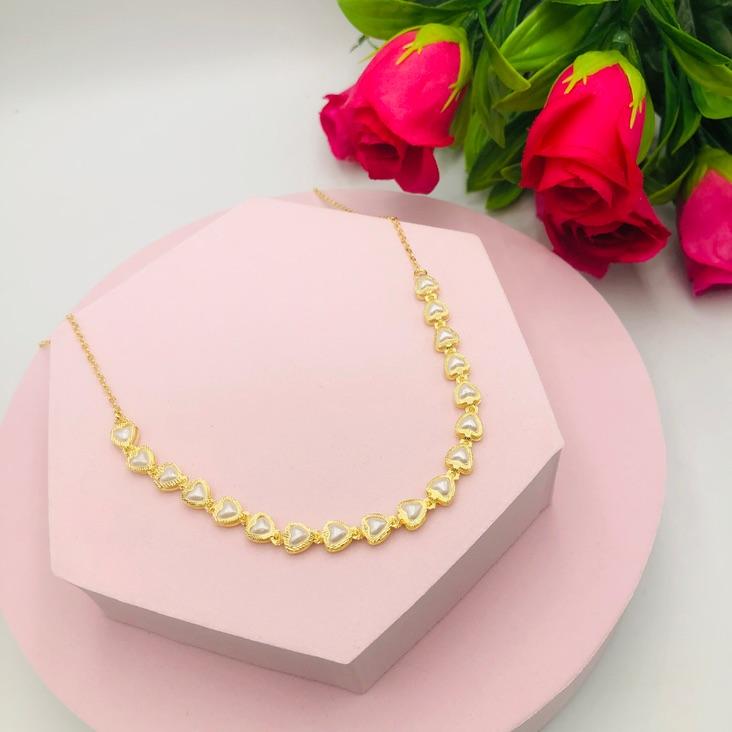 Colar Chocker Corações e Pérolas