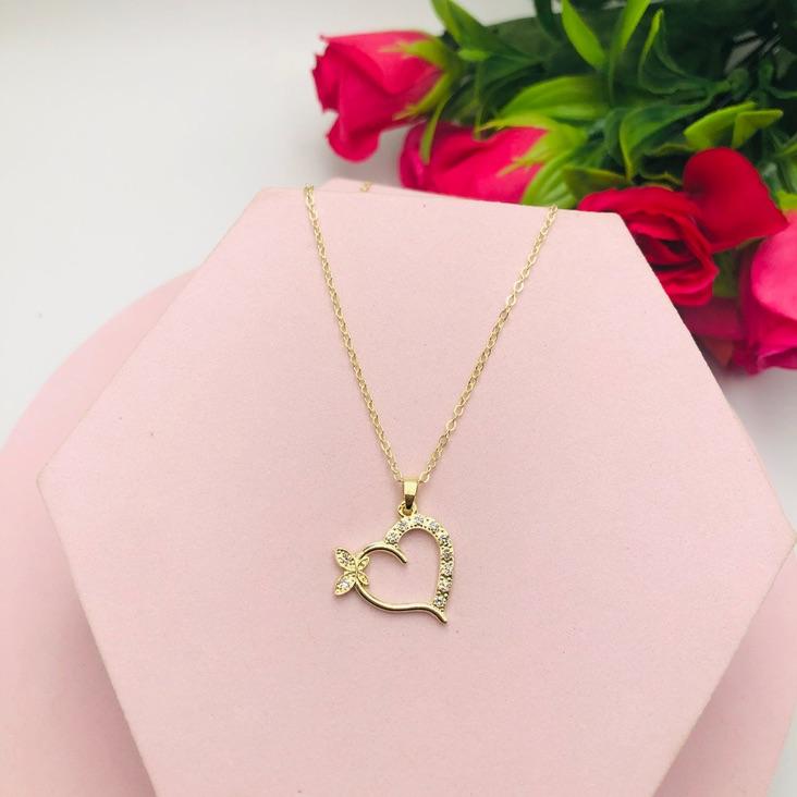 Colar Corrente Cadeado com Coração e Borboleta Cravejado