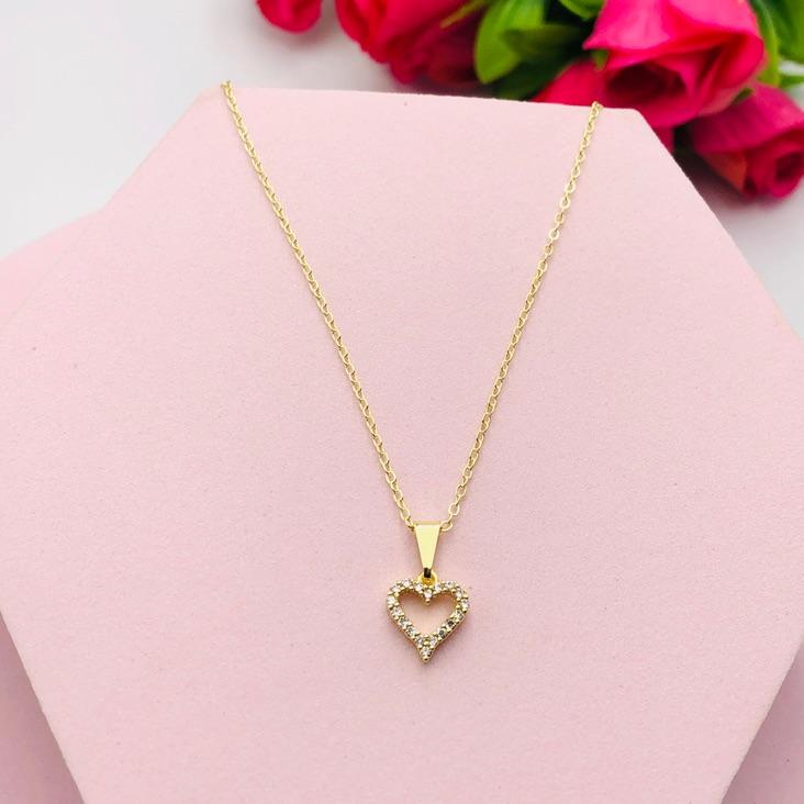 Colar Corrente Cadeado com Pingente Coração Cravejado