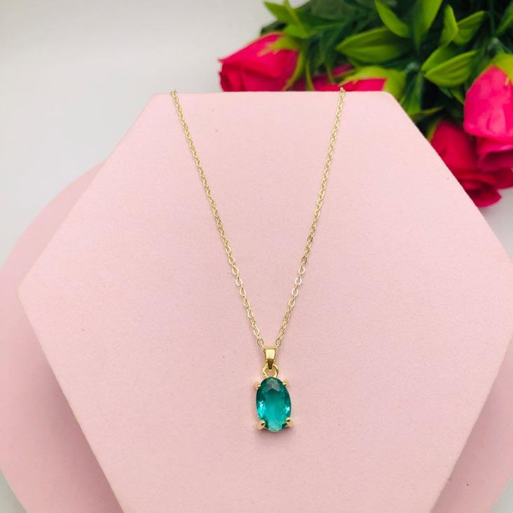 Colar Corrente Cadeado Pingente Pedra Verde