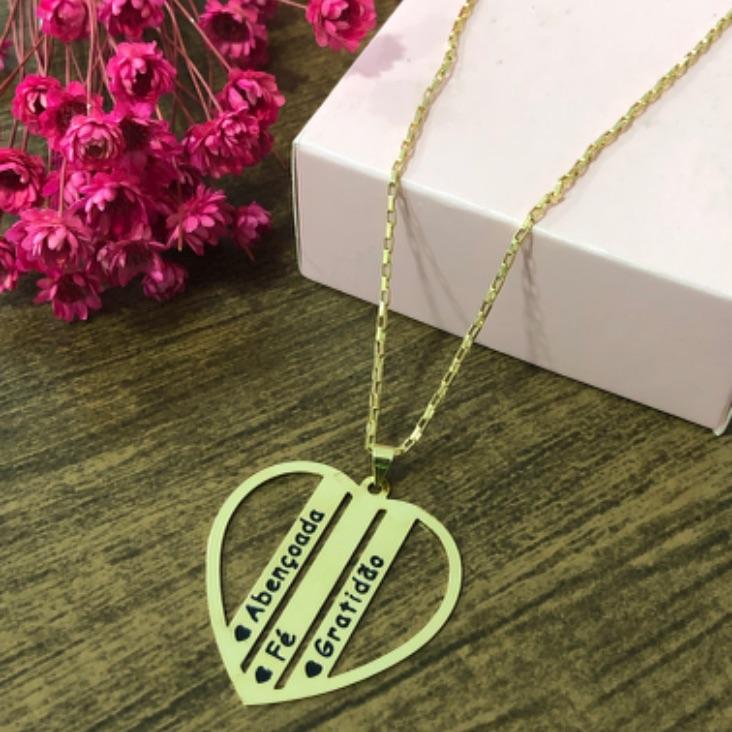 Colar Corrente Cartier com Pingente Coração Fé Abençoada e Gratidão