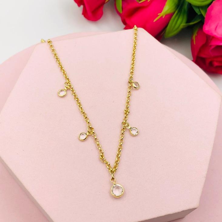 Colar Corrente Elo Português com Pingentes Ponto de Luz