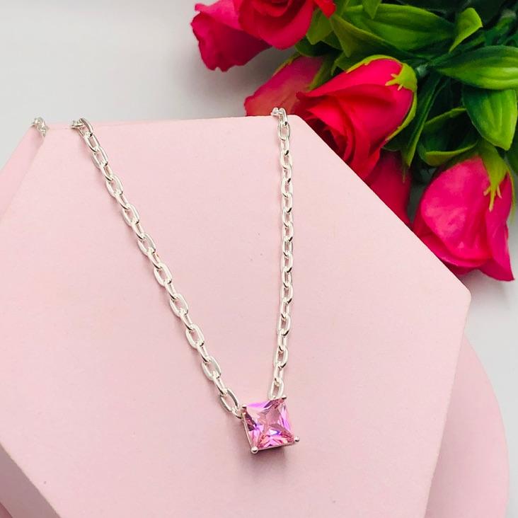 Colar Corrente Grossa com Pingente de Zirconia Rosa