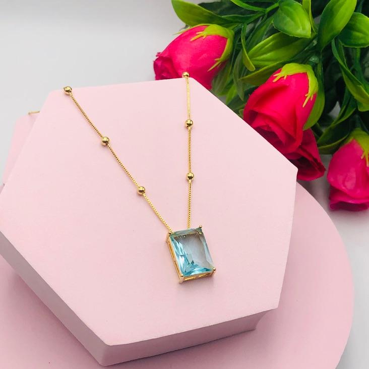 Colar Corrente Veneziana com Bolinha e Pedra Azul