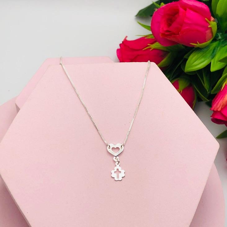 Colar Corrente Veneziana com Pingente Coração e Cruz