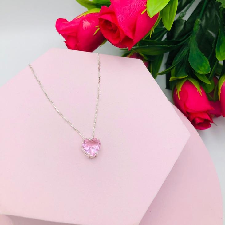Colar Corrente Veneziana com Pingente Coração Rosa