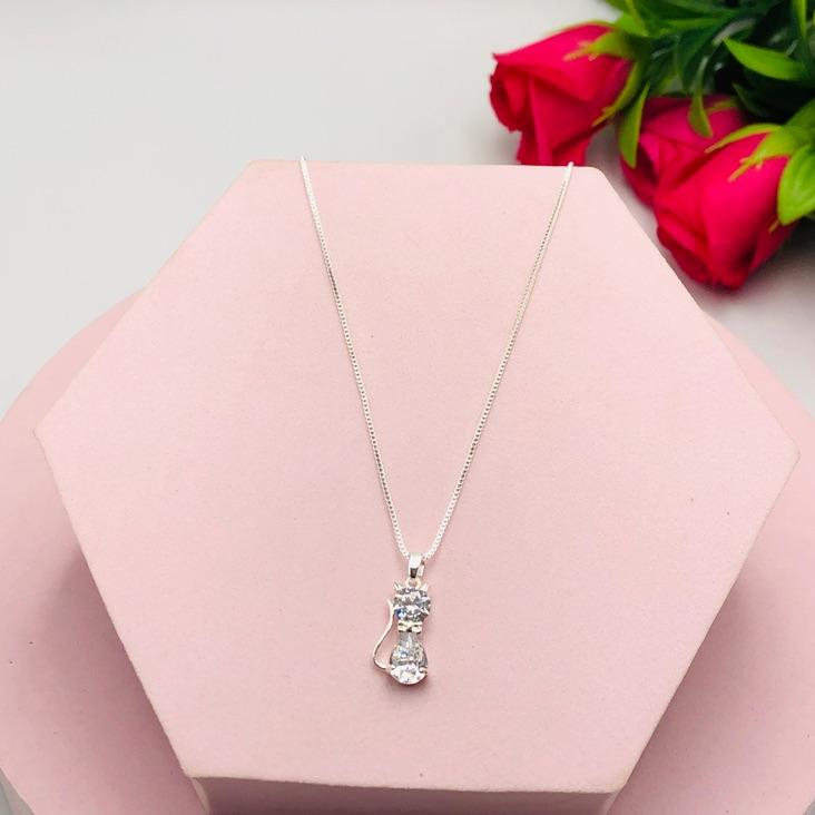 Colar Corrente Veneziana com Pingente de Gatinho Com Pedras