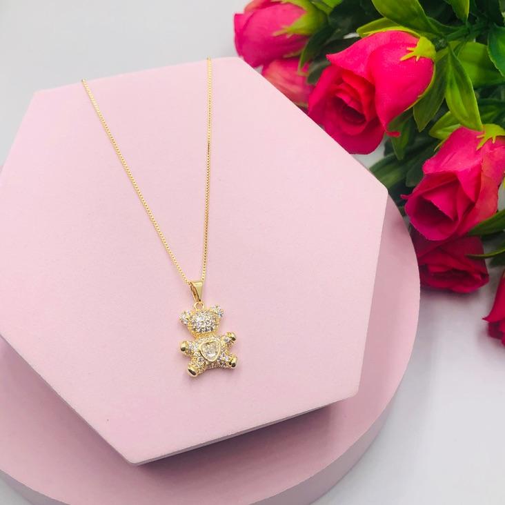 Colar Corrente Veneziana com Pingente Ursinho Cravejado