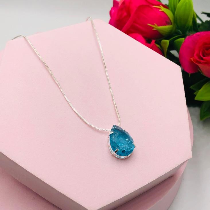 Colar Corrente Veneziana Gota Azul