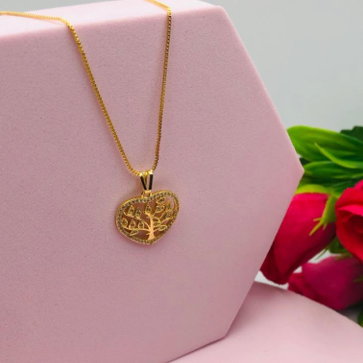 Colar Corrente Veneziana Pingente Árvore da Vida Cravejado