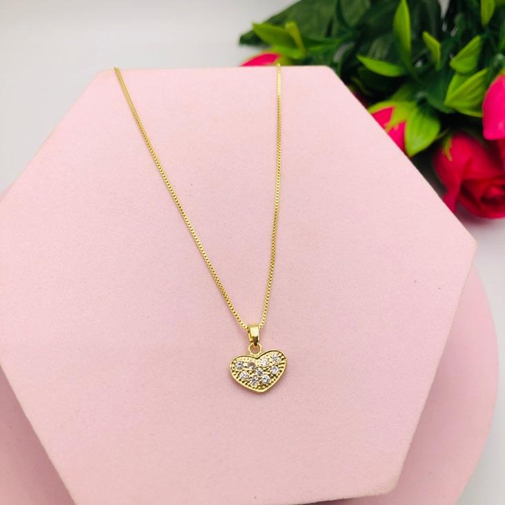Colar Corrente Veneziana Pingente Coração Cravejado