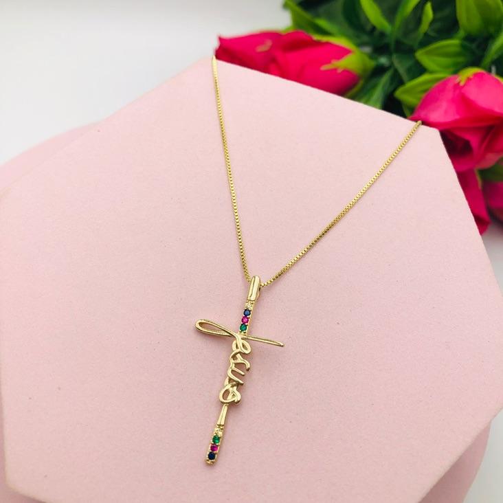 Colar Corrente Veneziana Pingente Jesus Cravejado