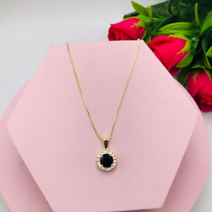 Colar Corrente Veneziana Pingente Redondo Cravejado