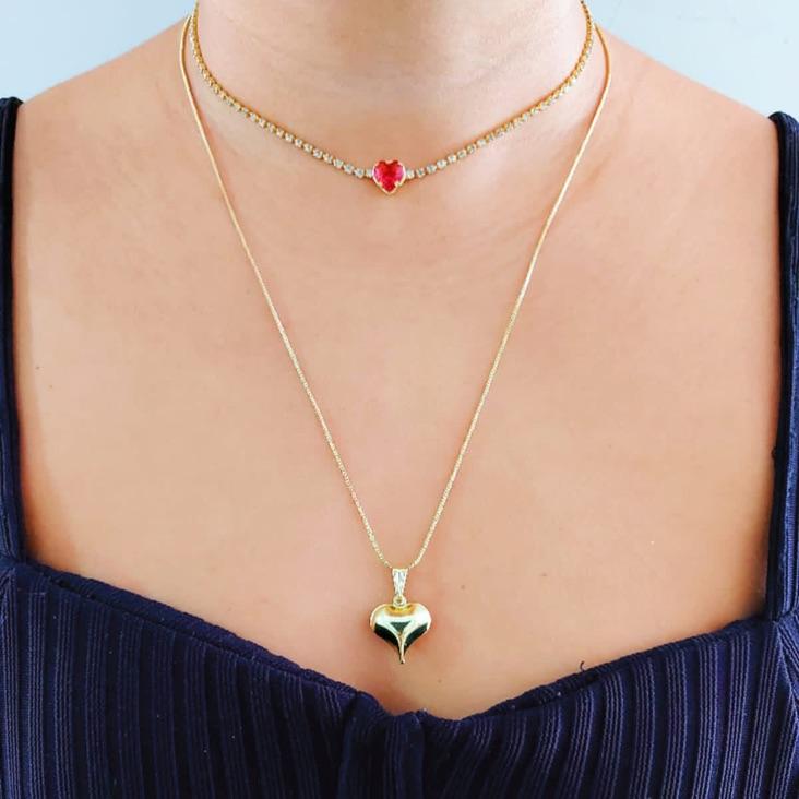 Colar Duplo com Corrente Riviera e Veneziana com Pingente Coração