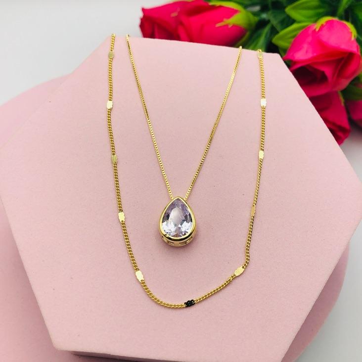 Colar Duplo com Gota e Corrente de Corações