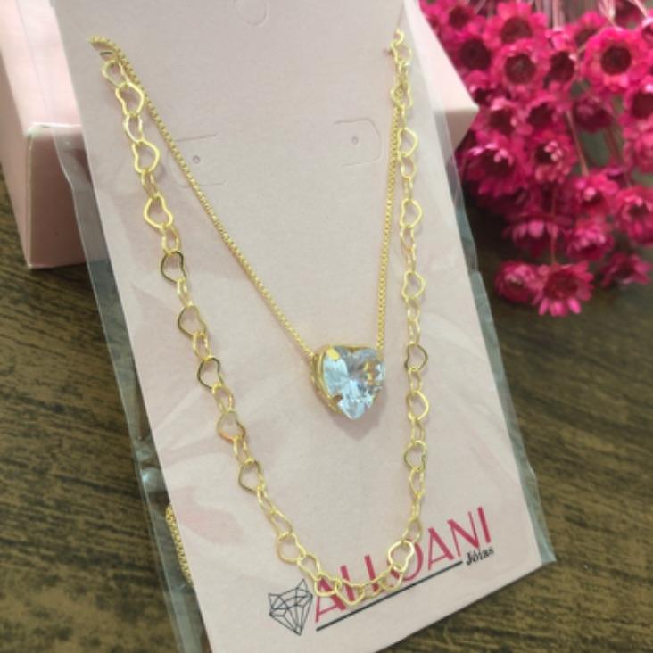 Colar Duplo com Pingente Coração e com Corrente com Elos Corações