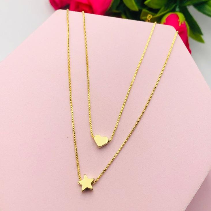 Colar Duplo Coração e Entrela