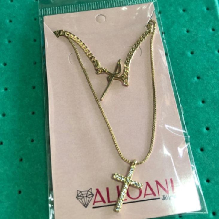 Colar Duplo Corrente Grumet com Pingente Fe e Corrente Veneziana com Pingente Cruz Cravejado