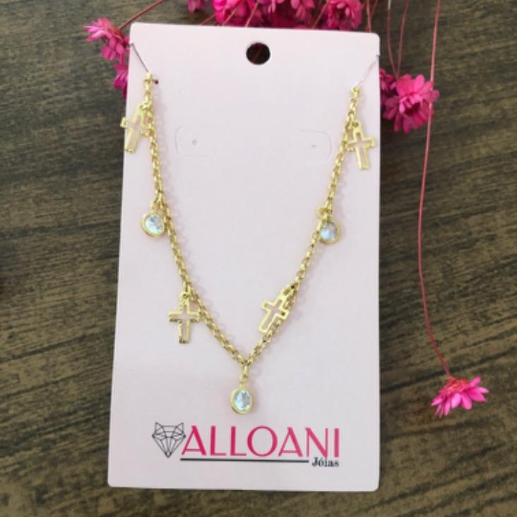 Colar elo português com pingente cruz e ponto de Luz