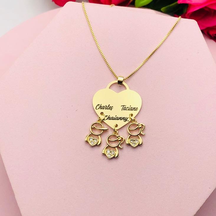 Colar Personalizado Coração Cadeado com Filhos