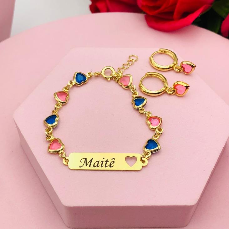 Conjunto Pulseira e Brinco de Coração com Coração Rosa e Azul