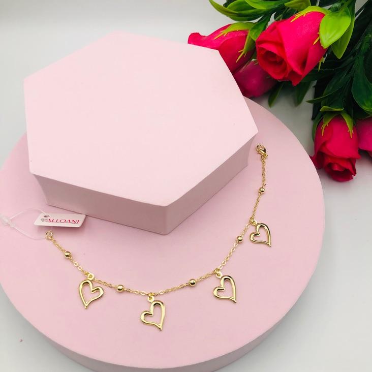 Pulseira Cadeado com Bolinha e Pingentes Coração