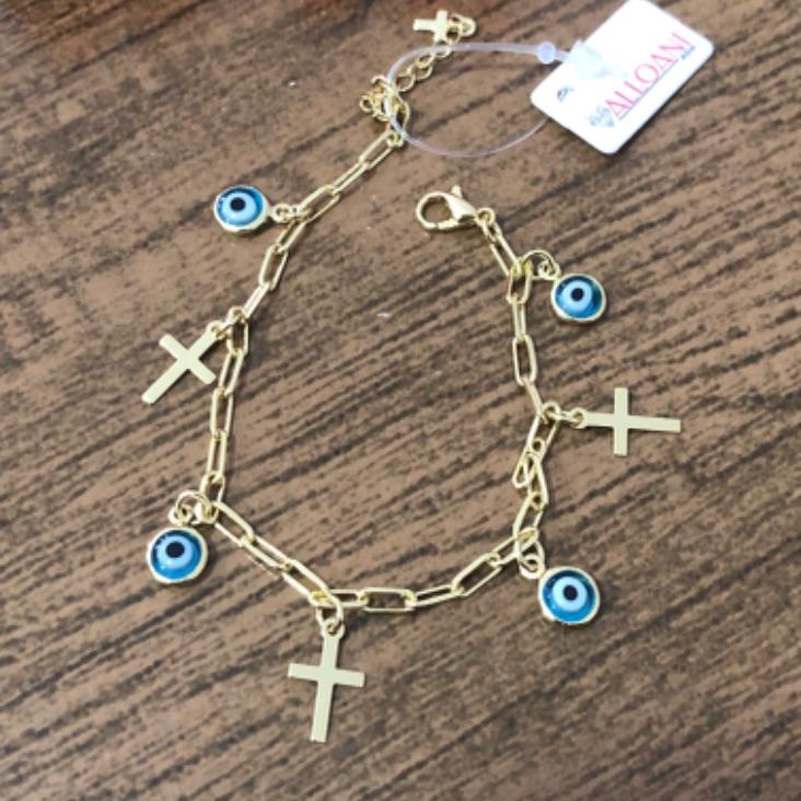 Pulseira Cartier com Pingente  Cruz e Olho Grego