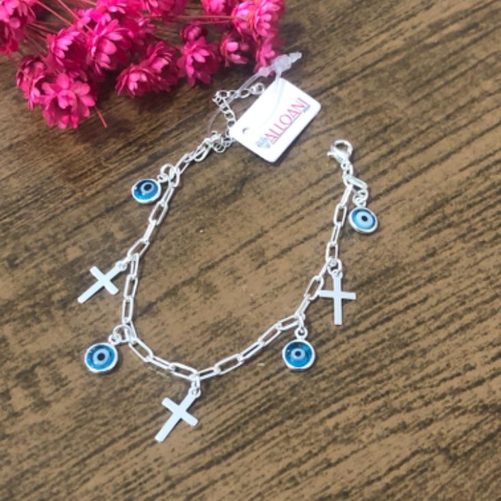 Pulseira Cartier com Pingentes de Cruz e Olho Grego