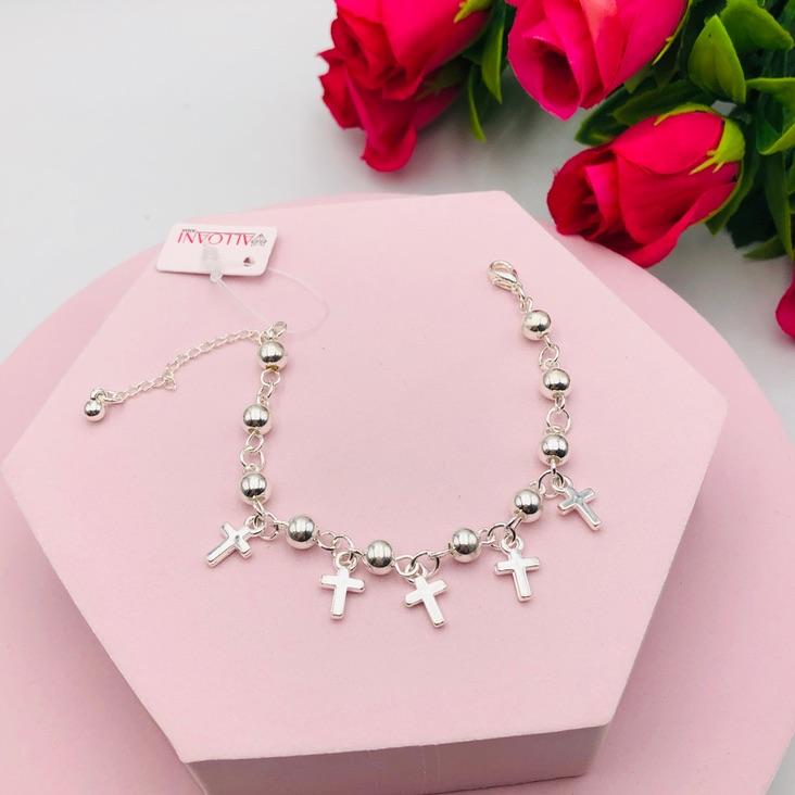 Pulseira com Bolinha e Pingente de Cruz