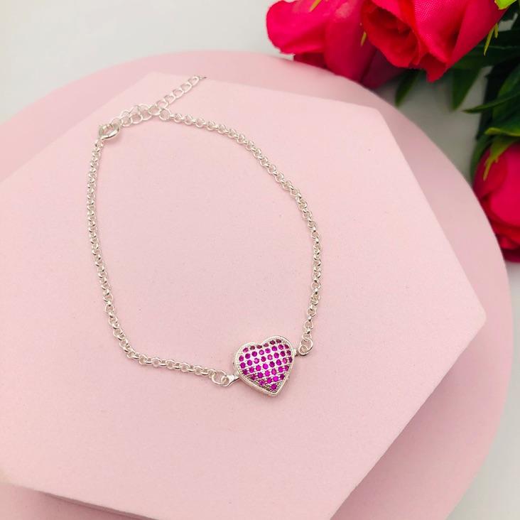 Pulseira com Coração Cravejado Rosa