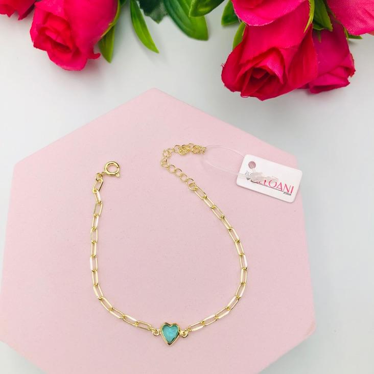 Pulseira Corrente Cadeado com Pingente Coração Verda