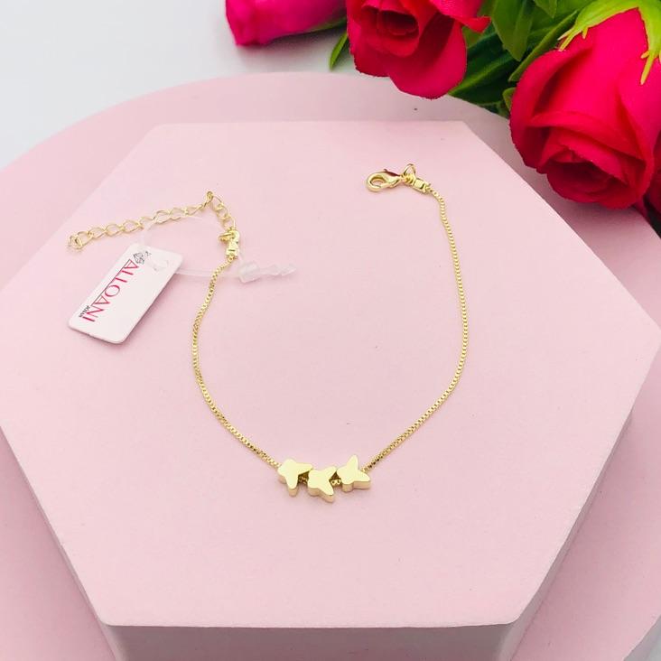 Pulseira Corrente Veneziana com Três Pingentes Borboletas