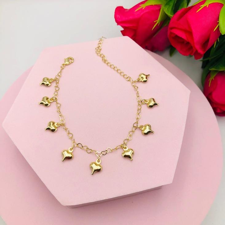 Pulseira de Elo de Corações com Corações Pendurados