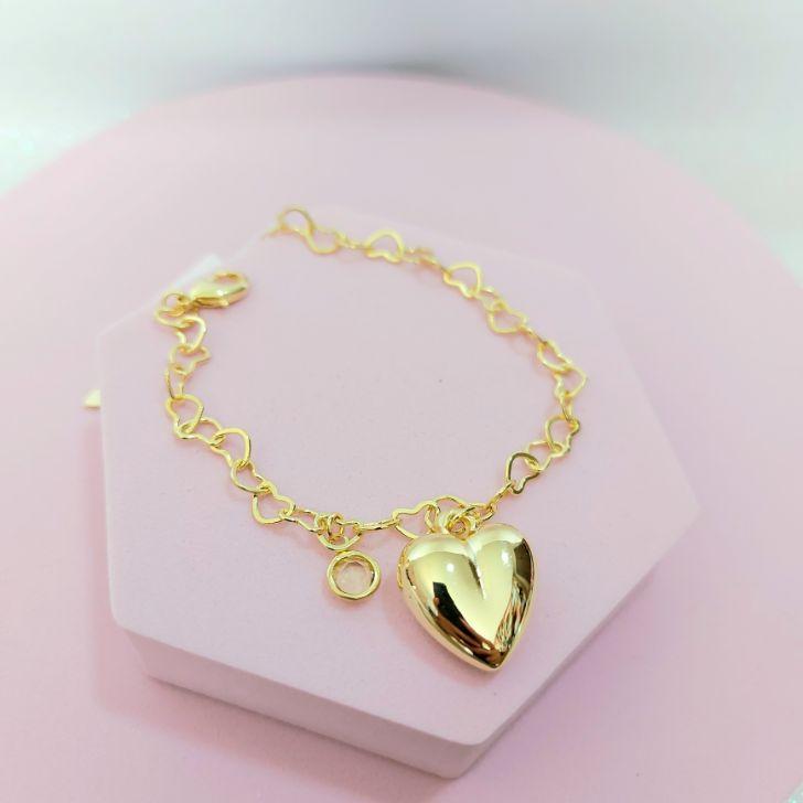 Pulseira Elo de Corações com Coração e Ponto de Luz