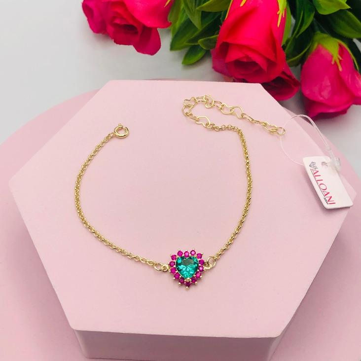 Pulseira Elo Português com Coração Cravejado