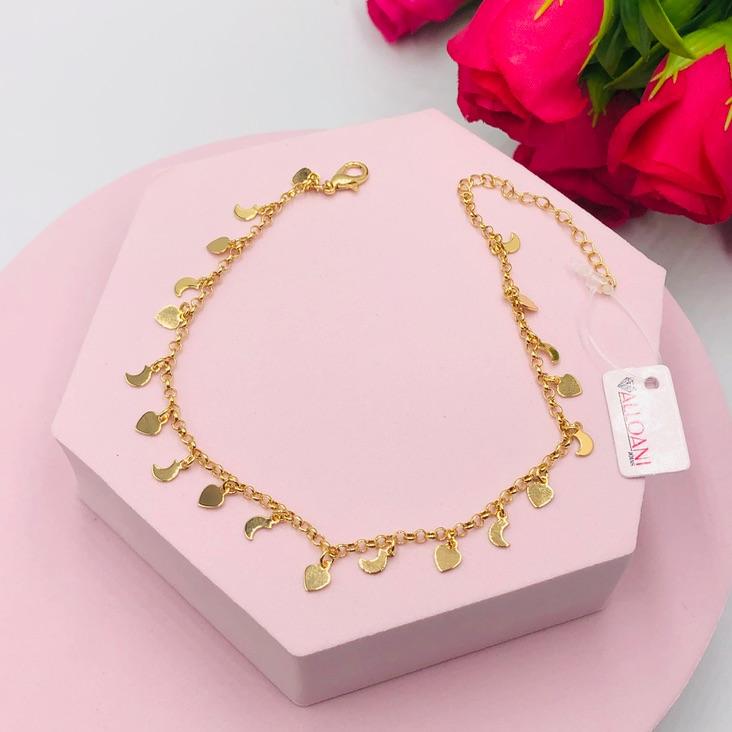 Pulseira Elo Português com Pingentes de Lua e Corações