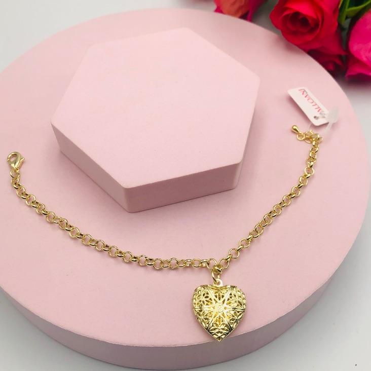 Pulseira Elo Português com Relicário Coração