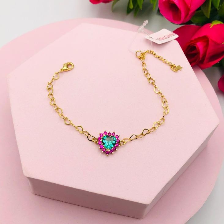 Pulseira Elos Coração com Pingente Coração Cravejado