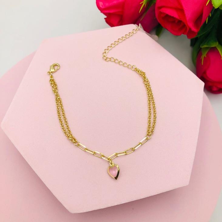 Pulseira Elos Português e Cartier com Coração Rosa